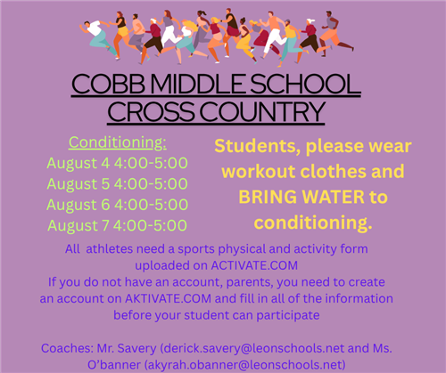 Cross Country conditioning Aug. 4-7 from 4-5pm